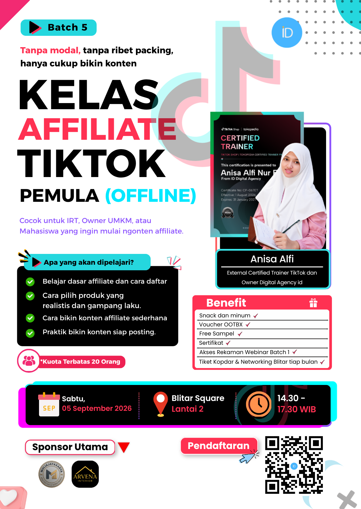 Poster Kelas TikTok Affiliate bersama Anisa Alfi, harga Rp150.000, Sabtu 22 Agustus 2026, tersisa 11 kursi